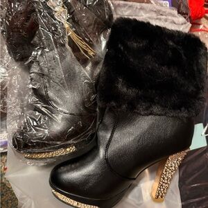 NWT- Black and Gold  Fur-Trimmed Platform Ankle Boots w/gemstones